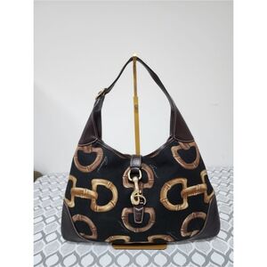 Gucci Canvas Bamboo Horsebit Printed Jackie Hobo Bag Brown